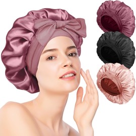 3 Piezas Gorro de Seda para Dormir, Gorro de Pelo Rizado de Satén Ajustable, Gorros de Noche con Banda Elástica, Ideal para Dormir, Ducha y Belleza (Negro + Oro rosa + Rosa frijol)