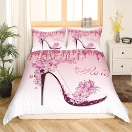 Feminine Pink Bedding Set Full Size,Paris Romantic Flowers Butterfly High Heels Duvet Cover for Girls Kids Woman Room Decor,Fantasy Glitter Comforter Cover Valentine Day Quilt Cover,2 Pillowcases
