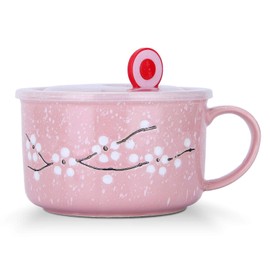 VanEnjoy 30oz Ceramic Bowl Set with Lid & Handle,Cherry Blossoms Among Snow Flake Pattern,Microwave for Instant Noodle Sara, Cereal Bowl (Pink)