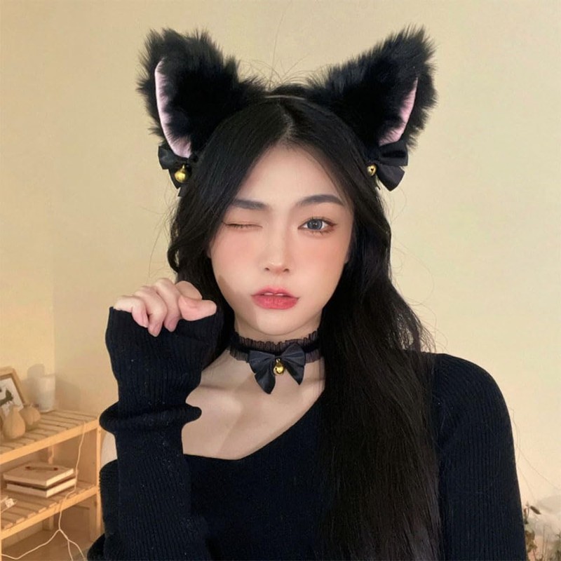 [MMOWQEA] 猫耳 カチューシャ コスプレ かわいい リボン 鈴付き ふわふわ ハロウィン 仮装小物