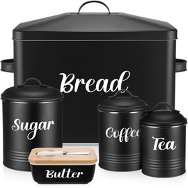 Teenyyou Extra Large Bread Box for Kitchen Counter Farmhouse, Metal Bread Bin and Ceramic Butter Dish with Lid and Knife, 3 Airtight Rustic Canister Containers Set for Sugar Coffee Tea(Balck)