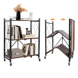 3 Tier Vintage Multifunctional Folding Shelf with Wheels, Portable Heavy Duty Storage Shelving, No-Assembly Folding Bookshelf, Metal Collapsible Rack Unit for Kitchen, Office, Bedroom, Rustic Brown