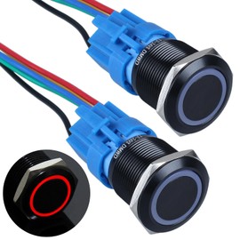 DMWD 2PCS 22MM Latching Push Button Switch Ring Led 12V-24V Self Locking 1NO 1NC Waterproof ON/Off Black Metal Button with Wire Socket Plug for 7/8’’ Mounting Hole (IP66,Red Light)