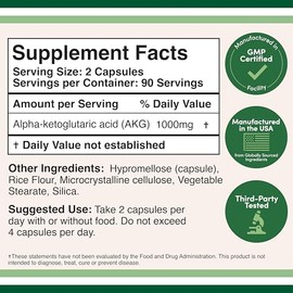 Suplemento AKG (ácido alfa cetoglutárico) 1000 mg por porción (180 cápsulas) diferente y puede ser más eficaz que AAKG (recientemente estudiado para propiedades antienvejecimiento) por Double Wood Supplements