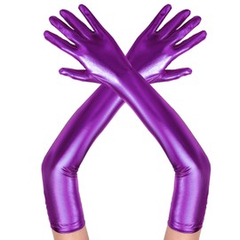 Lystaii Long Shiny Metallic Spandex Glove Elbow Length Opera Gloves 20s Party Cosplay (Purple)