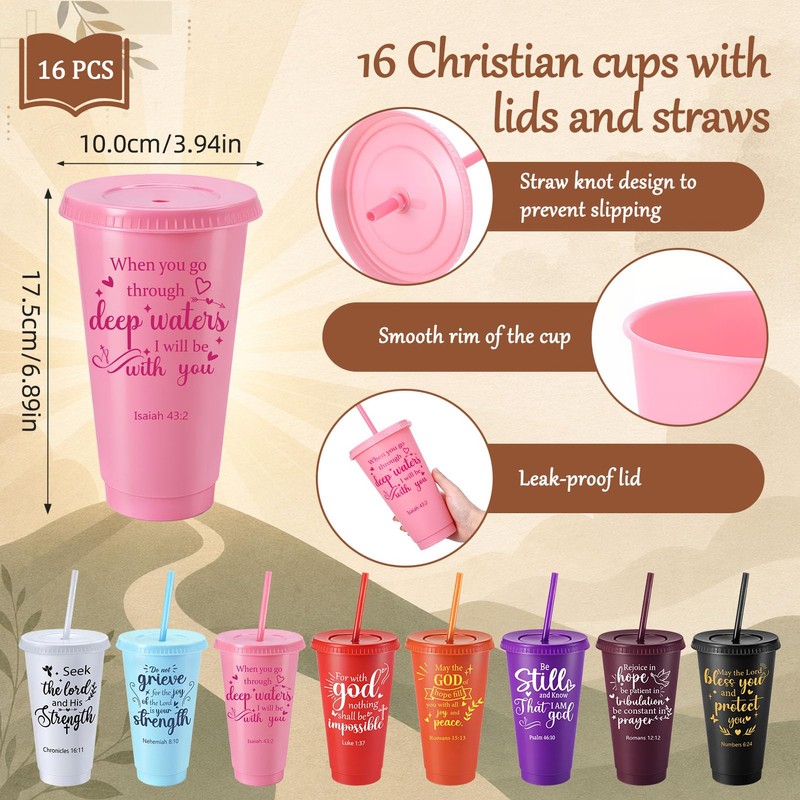 Ovveroche 16 Set Christian Gifts Bulk Plastic Cups with Bible