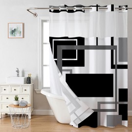 Vostolaiv No Hook Shower Curtain Black Geometric Shower Curtains with Snap in Liner Set Waterproof Polyester Shower Curtains Checkered Vintage Hookless Shower Curtain for Bathroom Tub, 72" X 75"