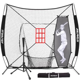 AOLIGEIJS 7'X7' Baseball Softball Practice Net,Pitching Net,Batting Net,with Baseball Tee,Bonus Strike Zone and Bow Frame,for Hitting,Pitching, Catching (Black Net+BK Tee+Batter Dummy)