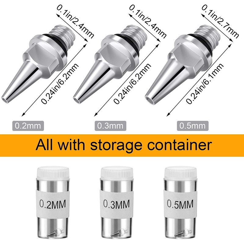 HUBEST 9pcs 0.2mm 0.3mm 0.5mm Airbrush Nozzles with 1 Airbrush