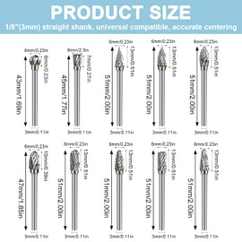 Hakkin 10PCS Double Cut Carbide Burr Set 1/8” Shank Drill Bits Tungsten Carbide Rotary Burr Set for Woodworking, Drilling, Metal Carving, Engraving, Polishing Compatible with Dremel Rotary Tool