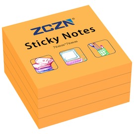 ZCZN 76 x 76 mm Sticky Notes, 100 Sheets/Pad, 4 Pads, Orange
