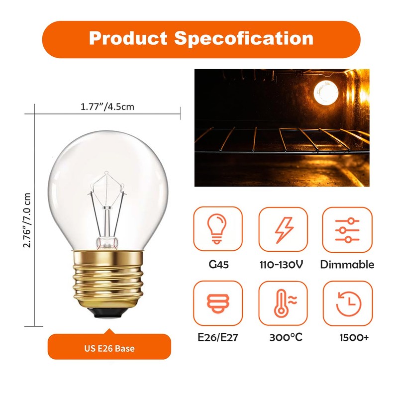 Visther 40W G45 Oven Light Bulbs, 300°C High Temp, for
