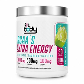 Fit Body BCAAs Extra Energy 811 Ratio  Aminoácidos de Cadena Ramificada con Taurina y Cafeína  Sabor Manzana Verde  300 g  30 Porciones               