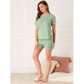 Allegra K Womens Cute Round Neck Short Sleeve Pjs Sleepwear Polka Dots Pajama Set XS-XXL Green 24