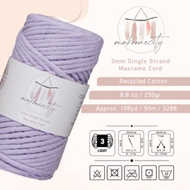 Makromecity, Single Strand Macrame Cord 3 mm x 100 Yards (300 feet) 3mm Single Strand Lilac Cotton Cord for Macrame Art & Crafts for Wall Hangings Recycled Cotton Cord Yarn DIY (Lilac, 1 Skein)