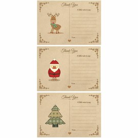 Vintage Reindeer, Santa And Tree Christmas Thank You Note Cards With Kraft Envelopes - Pack of 18-6 Of Each Design