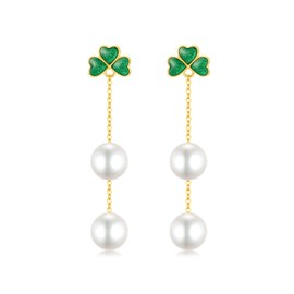 SISGEM 14k Gold Four Clover and Freshwater Cultured Pearl Dangle Earring, Long Lucky Jewelry Earring for Women