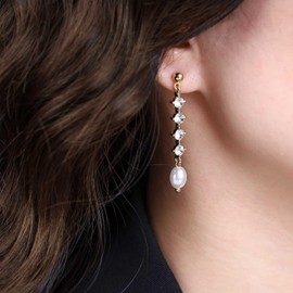 Atentuyi Wedding Small Pearl Dangle Earrings Gold Sparkly Rhinestones Tassel Earrings Oval Tiny Pearl Drop Earrings Long Cz Earrings Crystal Chain Earrings Jewelry for Women and Girls