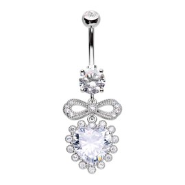Pierced Owl 14GA Stainless Steel Bow and CZ Crystal Heart Dangling Belly Button Ring (Silver Tone)