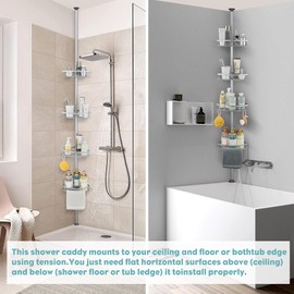 WPT Grey Shower Caddy Corner Organizer for Bathroom, Stainless Steel Tension Pole Corner Shelf Shower Caddy Stand for Bathtub Shampoo Storage, 4 Tier Adjustable Shelves, 28.7 to 104.7 Inches