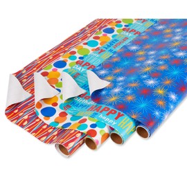 American Greetings Birthday Wrapping Paper Kit with Cut Lines, Bows and Gift Tags, Balloons, Candles, and Fireworks (7 Bows, 30 Gift Tags, 4 Rolls, 120 sq. ft)
