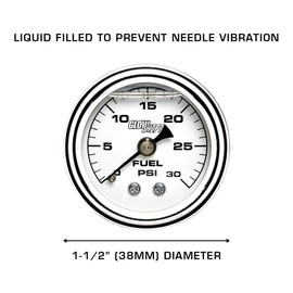 GlowShift Liquid Filled Mechanical 30 PSI Fuel Pressure Gauge - White Dial - Waterproof - Installs Under The Hood - 1/8-27 NPT Thread - 1-1/2" (38mm) Diameter