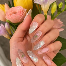 Aurora Blossom Jelly with 3D Embellishments French Press on Nails, Pearl Butterfly Design, 24 PCS Medium Almond False Nails Set, French Tip Handmade ArtStick on Fake for Women (3D Pearl Floral Tips)