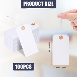 100pcs 120x60mm Large Price Tags with Strings, White Gift Tags Tie on Blank Marking Tags with Elastic Rope Attached Writable Hanging Merchandise Label Tags for Wedding Birthday Art Craft Packing
