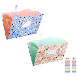 FACAICAI Expanding File Folders with 8 lables, Floral Printed Accordion Document Folder Organizer US Letter Size (Blue & Pink)