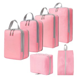 Travel Compact Compression Bags Set of 6 (Pink) Shoe Bag + Amenity Bag + Basic 4 Pack Suitcase Organizer Suitcase Organizer