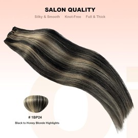 Clip in Extensions, OiMiGO Black and Honey Blonde Remy Clip on Hair Extensions, Black Hair Extensions with Highlights Invisible Clips 5 Pieces 20 Inch 70g Straight Real Human Hair Extensions