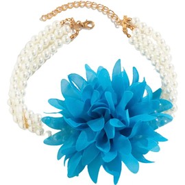 Vintage Layered Pearl Choker Necklace with Large Flower Chiffon Artificial Flower Collar Necklace Beach Wedding Bridal Necklace (Blue, 30+7CM)