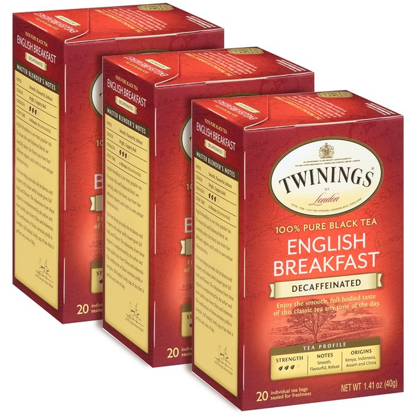 Twinings English Breakfast Decaffeinated Tea, Decaf Black Tea Bags Individually Wrapped, 20 Count Ea (Pack of 3)