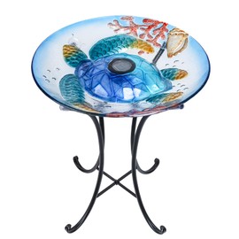 MUMTOP Outdoor Bird Bath, Large Glass Bird Baths Bowl with Metal Stand, Solar Turtle Birdbaths for Outside Garden Lawn Yard Decor, 18”Dia 21.65”Height