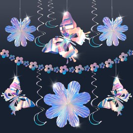 EASY JOY Iridescent Party Decorations Hanging Butterfly Flower Swirl Garland Iridescent Garlands Banner Backdrop for Birthday Wedding Disco Rock Party Supplies