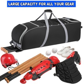 Baseball Bag with Wheels for 4 Bats,Catchers Gear Bag for Youth and Adults,Rolling Baseball Bag with Separate Shoe Space and Multi-Pockets&Fence Hook,softball bag for Baseball Gear&Baseball Holde