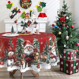 Round Christmas Tablecloth 60 inches - Red Snowman Table Cloth