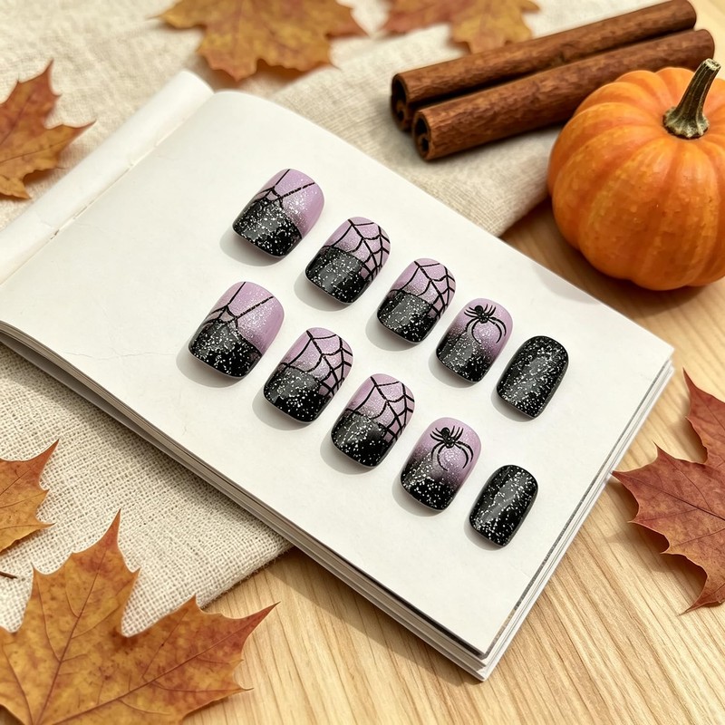 Halloween Press on Nails Short Square 3D Fake Nails Black