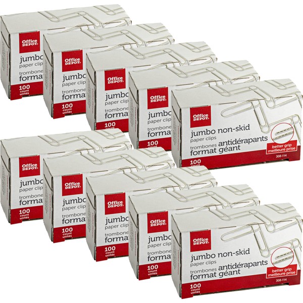 Office Depot Brand Paper Clips, Jumbo, Silver, Nonskid Finish, 100