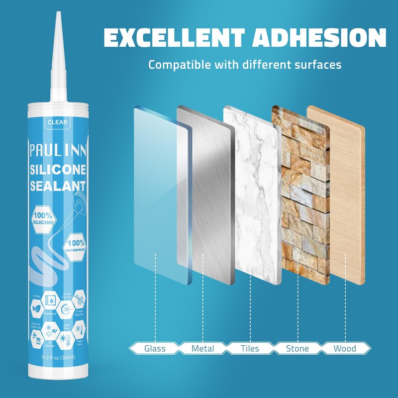 PAULINN Clear Silicone Sealant, 100% Waterproof Silicone Adhesive Caulk for