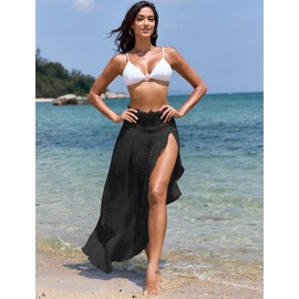 ZAFUL Women's Beach Cover Ups High Split Ruffle Trim Bathing Suit Shirred Pleated Waistband Swim Maxi Skirt Black L