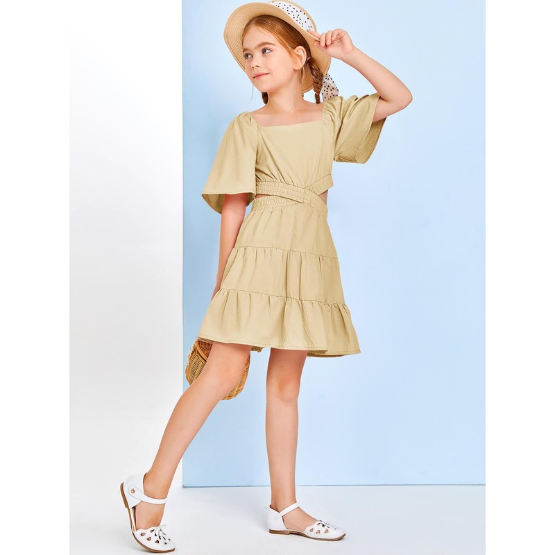 Batermoon Girls Summer Dress Square Neck Short Sleeve Crossover Waist