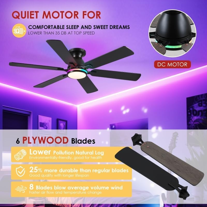 Mpayel Ceiling Fans with Lights- 52" RGB Low Profile Indoor