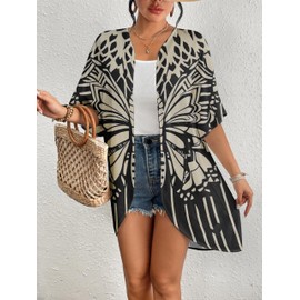 Bsubseach Women's Tops Loose Chiffon Kimono Open Front Casual Coverups Blouse Butterfly Cardigan Beach Swimsuits Black