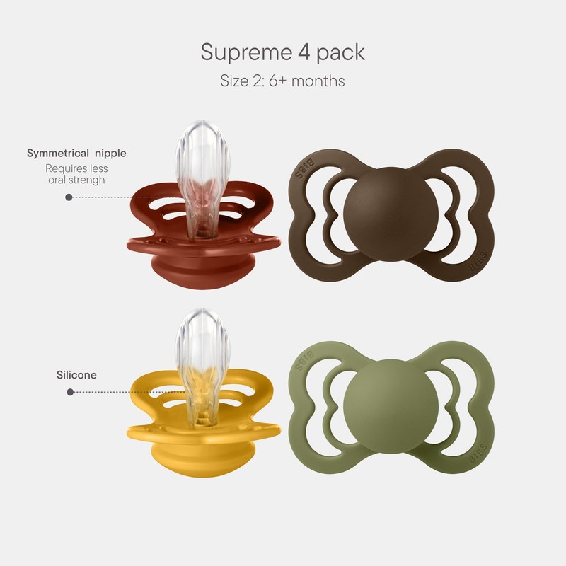 BIBS Supreme Pacifier 4-Pack, BPA Free Dummy Pacifier, Symmetrical Nipple.