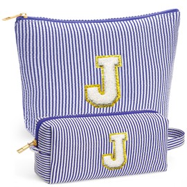 Fohufo Travel Essentials - Portable Travel Toiletry Bag for Women, Initial Makeup Kit Organizer Make up Cosmetic Bag Set Blue Stuff Birthday Gifts for Women Daughter Mom (Blue Letter J)