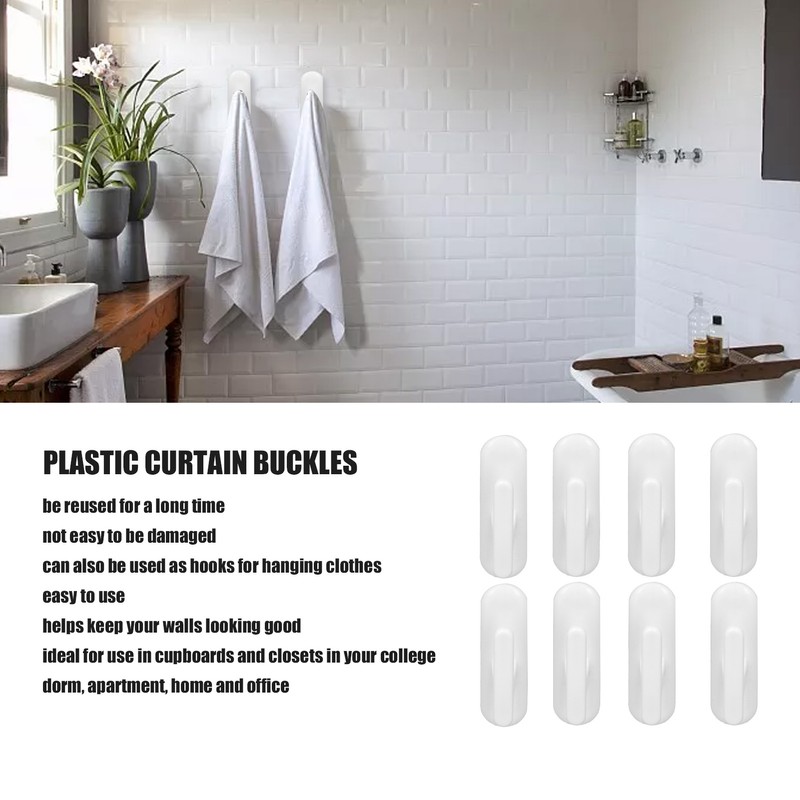 8Pcs Wall Self Adhesive Curtain Hooks White Reusable Plastic Curtain