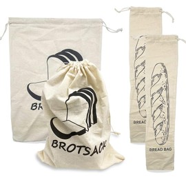 Bread Bags, Pack of 4 Bread Bags, 100% Linen, Square 28 × 38.1 cm, Rectangle 14.7 × 68.6 cm Fruit Bags, Reusable, for Breads and Baked Goods of All Types