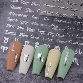 MOLILON 3 Sheets Silver Zodiac Nail Decals for Nail Art 3D Zodiac Letter Nail Design Stickers Self-Adhesive Twelve Constellation Nail Art Stickers Decoration Zodiac Sign Nail Stickers