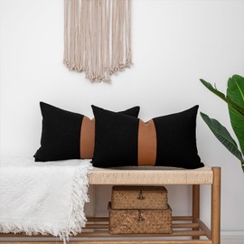 Vfuty Set of 2 Black Decorative Throw Pillow Cover 12x20 Lumbar Accent Cushion Covers Farmhouse Rustic Pillow Case Modern Leather Pillow Cover for Sofa Couch Chair Bedroom Boho Decor